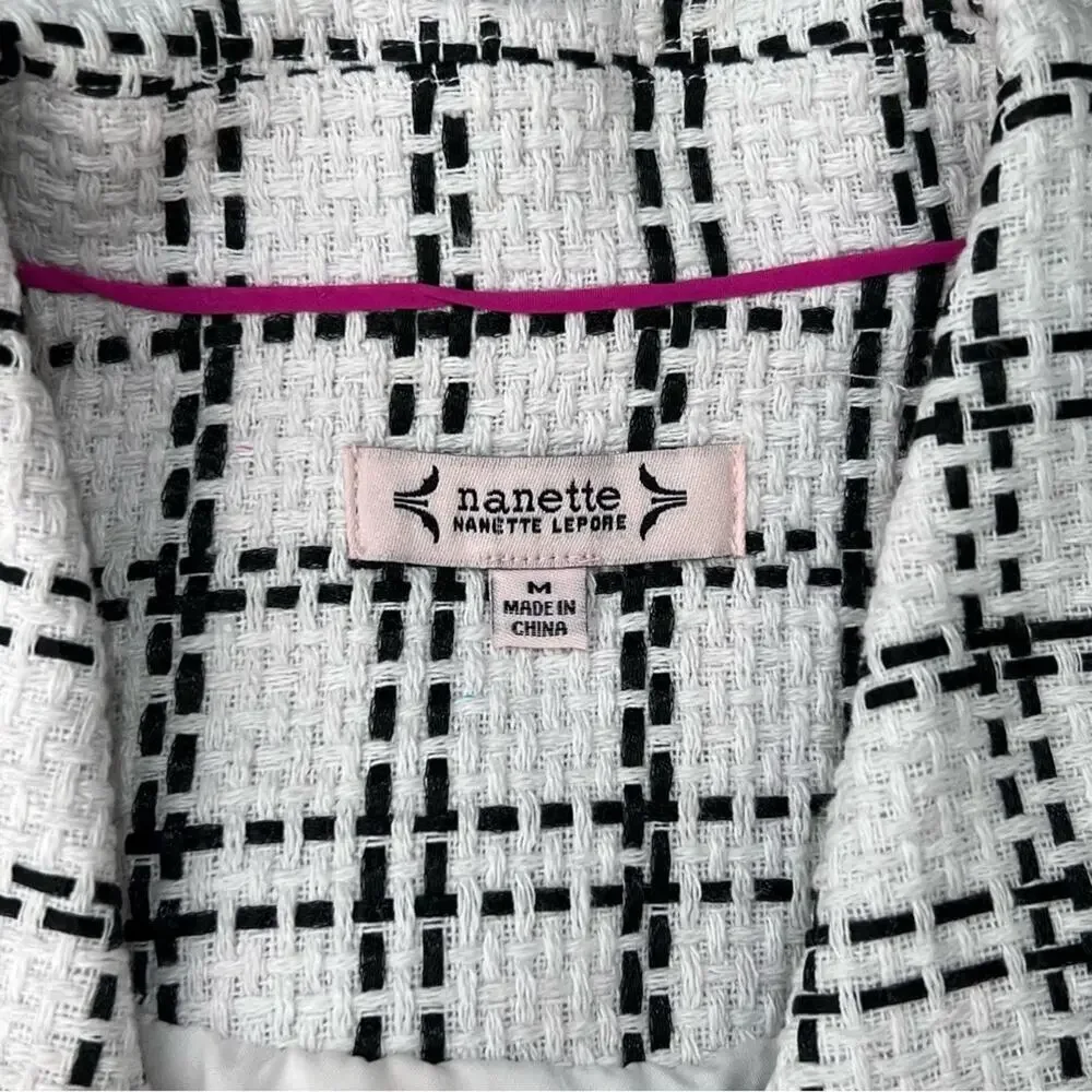 Nanette Lepore Black & White Woven Tweed Plaid One Button Blazer Vest Size M